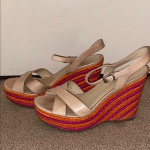 Orange, pink, nude wedges